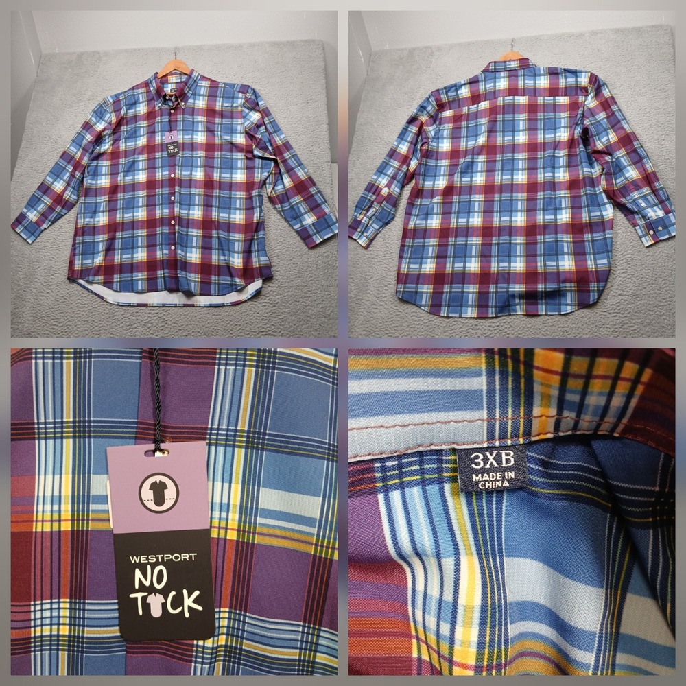 Westport No Tuck Plaid‎ Button Down Shirt Men's 3XB Multicolor NWT